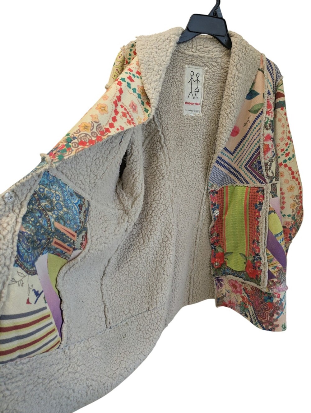 Johnny Was Gigianna Suede Jacket XL Patchwork Mixed Print Sherpa Lined Boho Coat - Picture 9 of 10